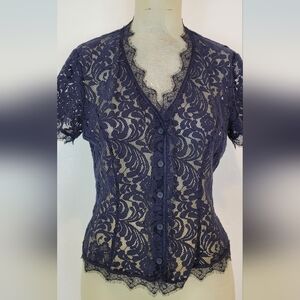 Cabi Navy Blue Lace London Top style #3073